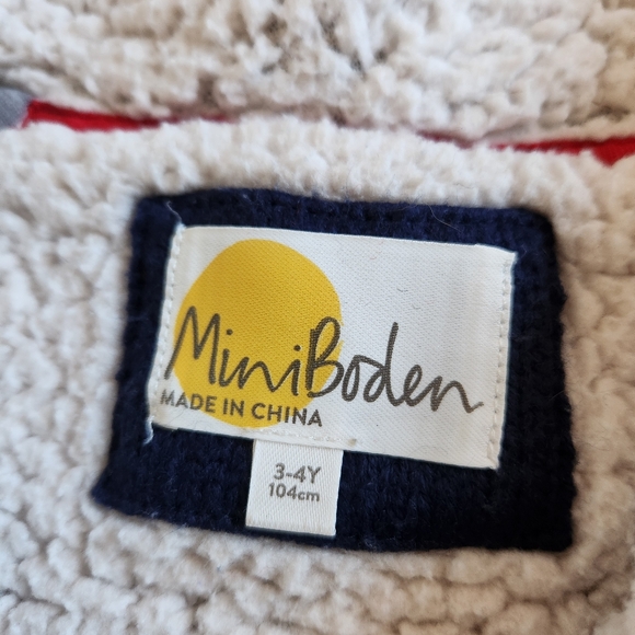 MINI BODEN Kids Shaggy Fleece Lined Hoodie Size 3 Gray Red Jacket - Picture 2 of 11